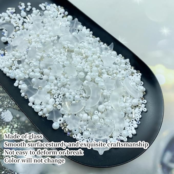 Assorted Glass Beads for Jewelry Making Multi Size Colors Glass Star Moon Seed Pearl Spacer Beads for Bracelets Necklace Earring Making(Frosted White)