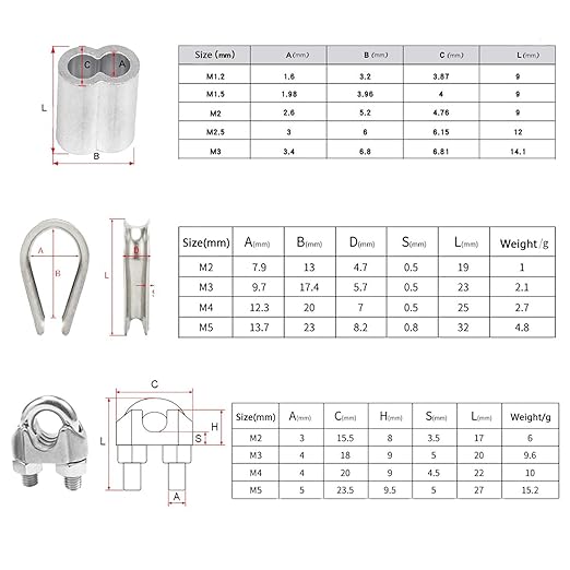 1/8 Inch Stainless Steel Wire Rope Cable Kit,100 ft Length 1/8“ Wire Cable 7x7 Strands with Sleeves, Thimbles, Clips, for Climbing Plants, Deck Railing, Fencing, Outdoor Hanging