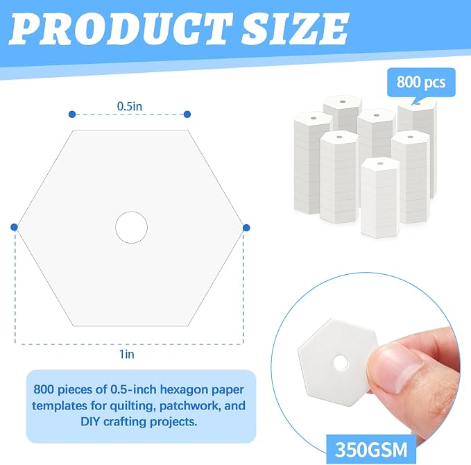 800 PCS Paper Piecing 0.5", Hexagon Quilting Templates - Image 2