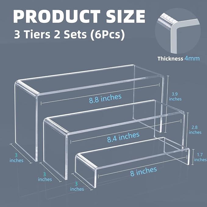 Goabroa 6 Pcs 8'' Clear Cupcake Display Risers, 3 Tiers Rectangular Risers - Image 3