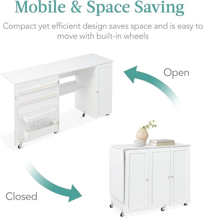 Best Choice Products Large Folding Sewing Table, Caster Wheels, Storage Shelves - Image 5