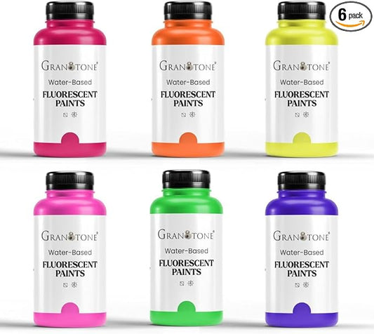 GRANOTONE Neon Fluorescent Acrylic Paint Set - 6 Colors, 8 oz Each | Glows in Black Light | Non-Toxic & Vibrant Paint | Ideal for Art, Crafts, Kids, & Hobbyists | Made in India