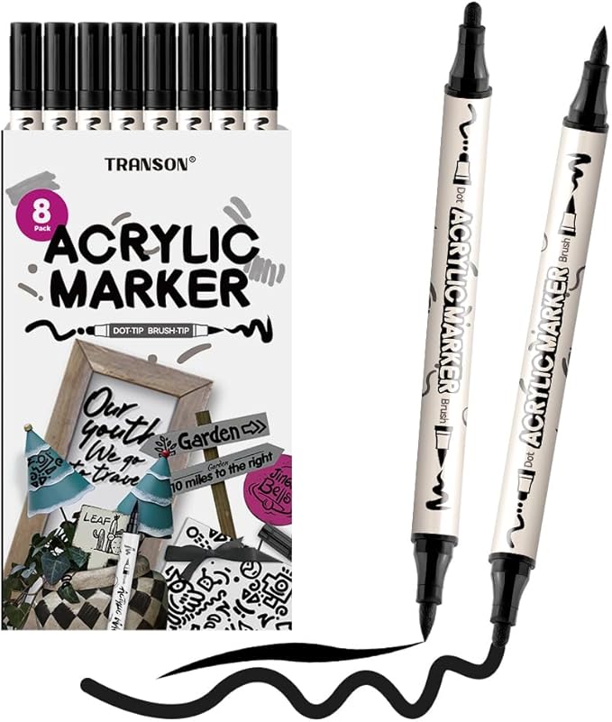 TRANSON 8 Pack Black Brush and Bold Dual-tip Acrylic Paint Marker for DIY Glass Canvas Wood Leather Ceramic Rock Painting
