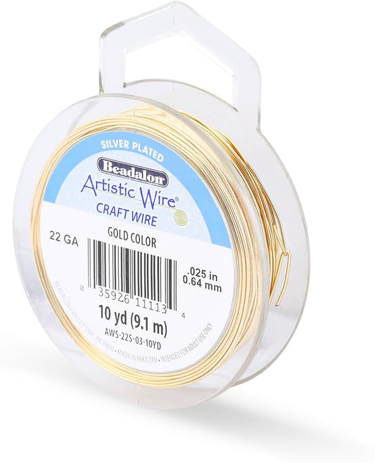 Artistic Wire, 22 Gauge Silver Plated Tarnish Resistant Colored Copper Craft Wire, Gold Color, 10 yd