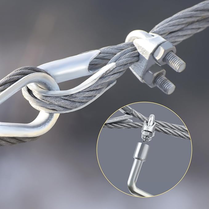 Galvanized Steel Wire Rope Cable, 1/8” Galvanized Steel Cable with Rope Clamp and Thimble, 7X7 Strand Core Aircraft Cable Used for Anchored Shed, Fencing, Sunshade, Clothesline (50ft)