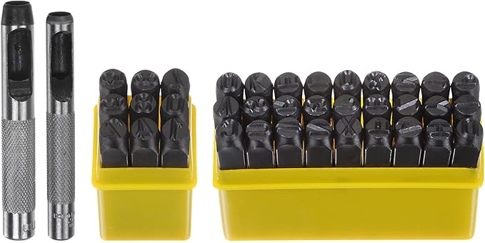 HARFINGTON 36pcs Metal Stamping Kit 5/16" (8mm) (A-Z, 0-8, "&" Symbol) Steel Letter Punch Press Tool with Hole Punch to Stamp on Metal, Plastic, Wood, Leather, Black