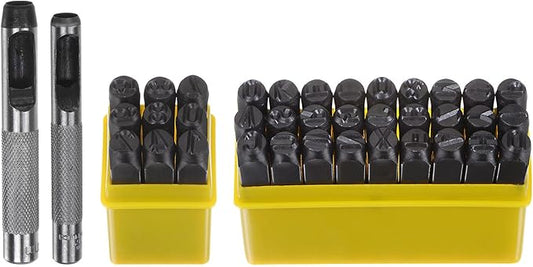 HARFINGTON 36pcs Metal Stamping Kit 5/16" (8mm) (A-Z, 0-8, "&" Symbol) Steel Letter Punch Press Tool with Hole Punch to Stamp on Metal, Plastic, Wood, Leather, Black