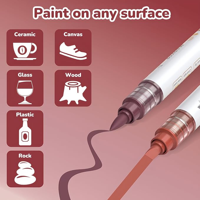 Guangna 12 Red Brown Dual Tip Acrylic Paint Markers, Brush Tip & Chisel Tip Acrylic Paint Pens for Rock, Wood, Glass, Paper, Coloring Book, Ceramic, Canvas, Water-Based Ink