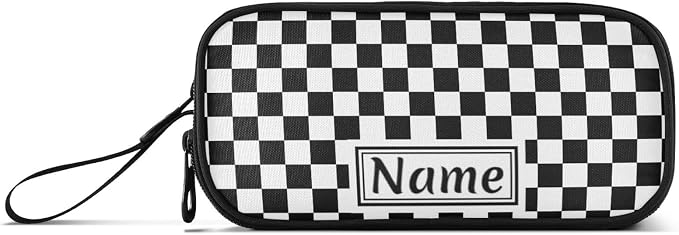 Custom Black White Checkered Pattern Pencil Case Box Boys Girls Personalized - Image 8