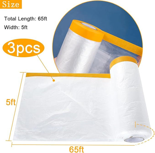 3 Pack Protective Masking Film with Tape 5 x 65 Ft Car Painters Plastic Sheeting Roll Tape and Drape Masking Film for Automotive Painting Covering Frames, Furniture, Auto Body