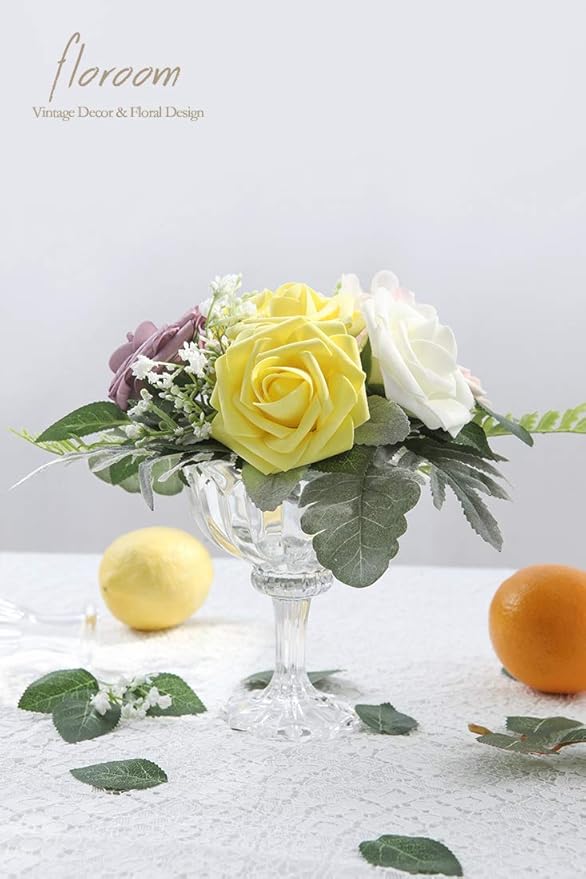 Floroom Artificial Flowers 25pcs Real Looking White Foam Fake Roses with Stems for DIY Wedding Bouquets Bridal Shower Centerpieces Floral Arrangements Party Tables Home Decorations
