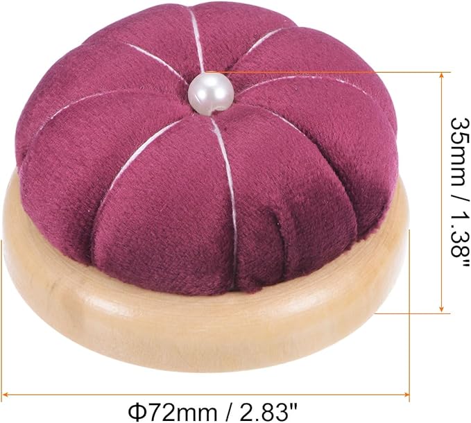 HARFINGTON Wooden Base Pin Cushion Japanese Style Cute Needle Holder Pincushions Round for Sewing Quilting Needlework DIY Crafts, Dark Red