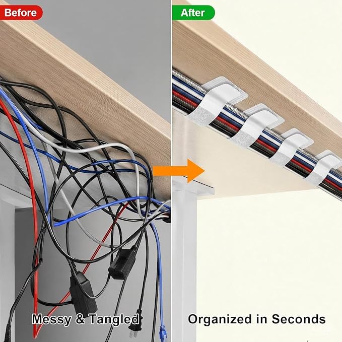 Cable Management Under Desk, 20 Pair Cord Organizer Straps White | Reusable - Image 2