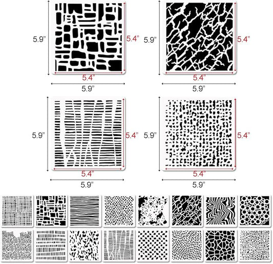 16 Pcs Layering Stencils for Painting, 6"x6" Mixed Texture Bubble Dot Waves Stone Crackle Splatter Geometric Stencils for Painting on Card Canvas, Mix Media Spray Paint Templates