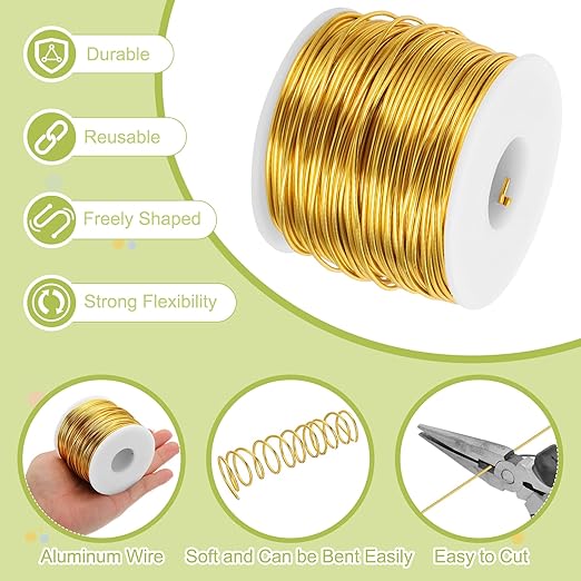 MECCANIXITY 15 Gauge Anodized Aluminum Craft Wire Bendable Bonsai Training Wire 223 Feet 1.5mm for Sculpting Crafts Wreath Floral Beading Jewelry Making, Gold Tone