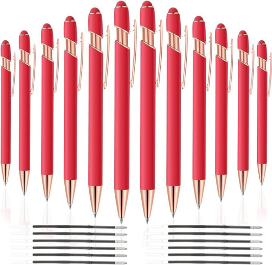 12 PCS 2 in 1 Stylus Ballpoint Pen with Stylus Tip, 1.0 mm Black Ink Metal Pen Stylus Pen for Touch Screens (All Red)