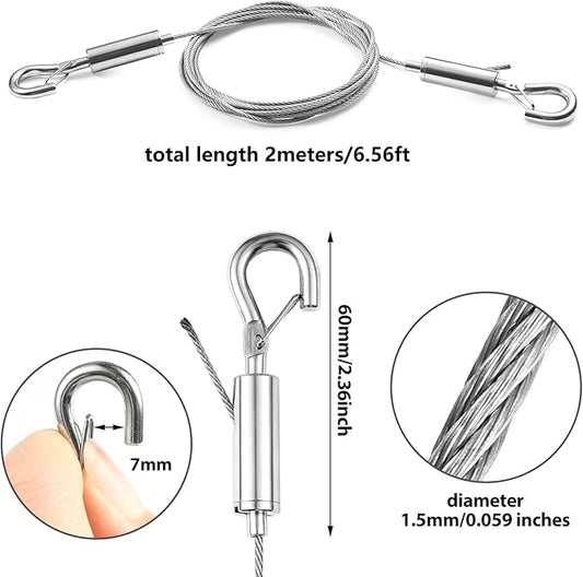 2Pcs Adjustable Picture Hanging Wire Kit,Heavy Duty Stainless Steel Rope 2m x 1.5mm for Hanging Mirrors,Frame,Lamps,Billboards,Basket Flowerpot,Holds Up to 66lbs(30kg)