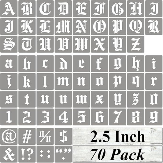 2.5 Inch Alphabet Letter Stencils for Painting - 70 Pack Old English Letter Stencil Templates with Numbers and Signs for Painting on Wood, Reusable Letter Stencils for Chalkboard Wood Signs & Wall Art