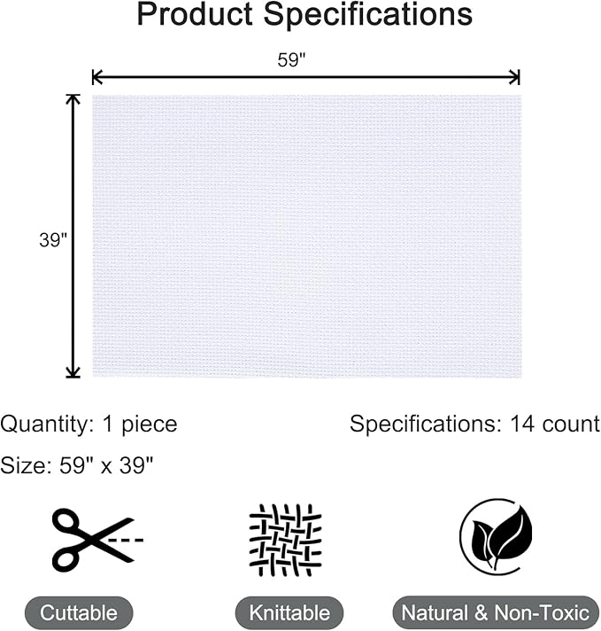 HexaHive Aida Cloth 14 Count Cross Stitch Fabric - 59 by 39 Inch Large Size Water Soluble Cross Stitch Canvas for Home DIY Embroidery Decoration Supplies (14CT, White)