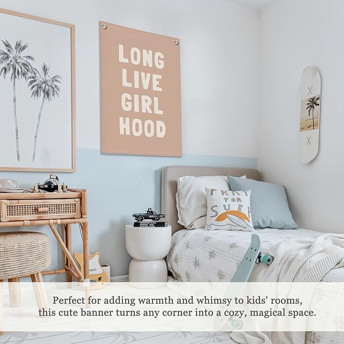 Long Live Girlhood Linen Canvas Banner, Girls Room Decor, Girls Nursery Decor, Nursery Playroom Wall Hanging Flag for Kids Bedroom Toddler Decorations Girl Room 18x25 Inch