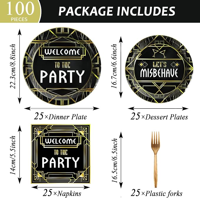 100 Pcs Roaring 1920s Party Decorations, Speakeasy Misbehave Black Gold - Image 2