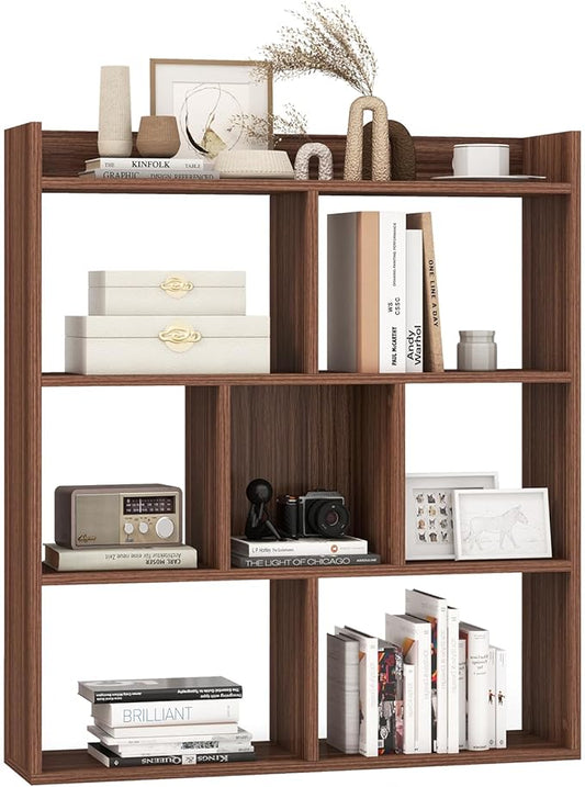 Giantex 7 Cube Bookshelf, Free-Standing Wooden Bookcase, 4 Tier Home Display Shelf, Horizontal Storage Unit w/Anti-Toppling Devices, Open-Back Display Rack for Study, Bedroom, Living Room, Walnut
