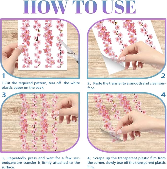 GLOBLELAND 4 Sheets Cherry Blossoms Tree Rub on Transfers 12x6inch Pink Flowers Furniture Transfers Sticker Birds UV Transfers Decal Craft for Bedroom Living Room Desk Table Decoration