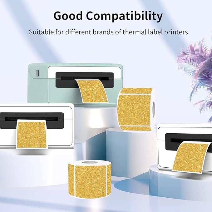 2" x 2" Square Thermal Labels Stickers, Holographic Direct Thermal Stickers Labels, Self-Adhesive Label for Small Business, DIY Logo Design- Glitter Gold