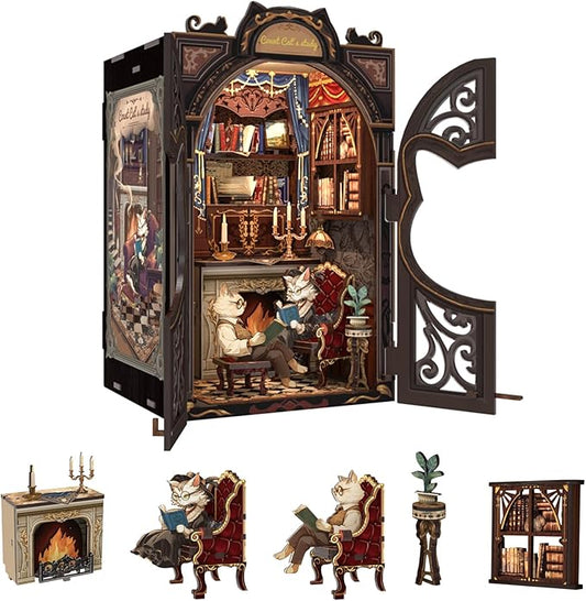 Fsolis Book Nook Kit DIY Scene Miniature Dollhouse Kit, 3D Puzzles for Adults, 108 Wooden Pieces, Bookshelf Decor Tiny House Mini Booknook Craft, Gift for Women Scale Model Lovers (Count Cat's Study)