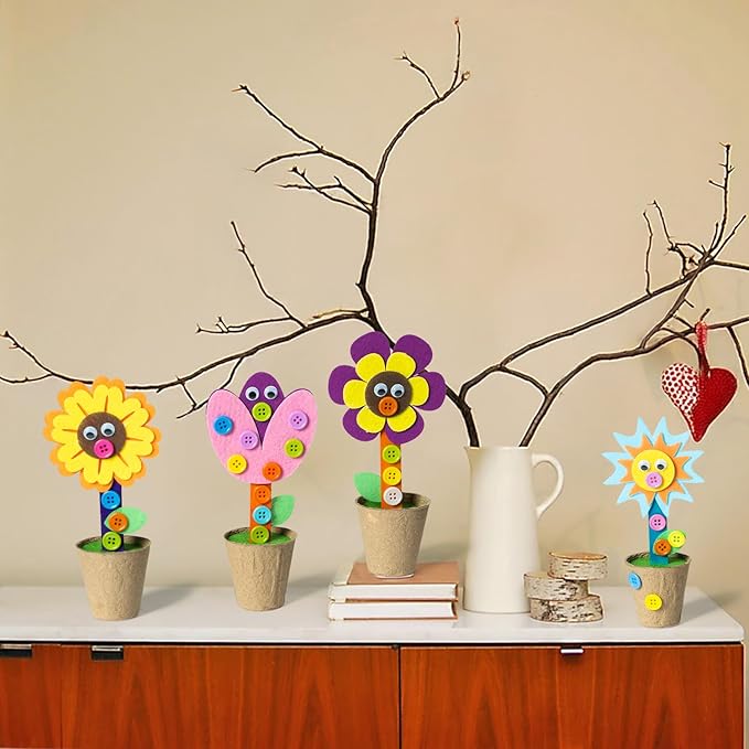 WATINC Mother's Day Spring Felt Flower Craft Kits - Make Your Standing Flowers Gift Crafts with Buttons Flower Pot Decor, DIY Flowers Decorations Home School Fun Activities for Mom Kids (16Pcs)