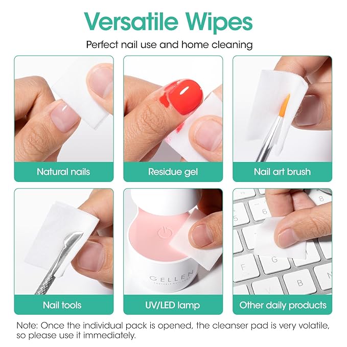 Gellen 100 Pack Gel Polish Remover and Nail Cleanser Pads, Acetone Nail Polish Remover Pads, Alcohol Wipes for Nails, Quick & Easy Removal, Individually Wrapped Travel Set for Perfect Nail Art