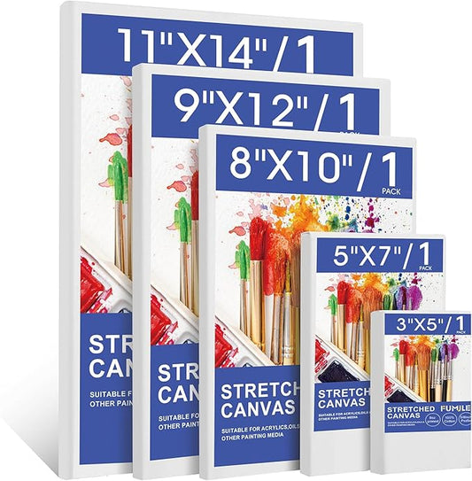 FUMILE Stretched Canvas, Canvases for Painting Multi 5 Pack 3x5,5x7,8x10,9x12,11x14(1 of Each), Cotton Primed Acid Free Blank Canvases for Painting for Oil Paint, Acrylic Paint, Gouache and Tempera.