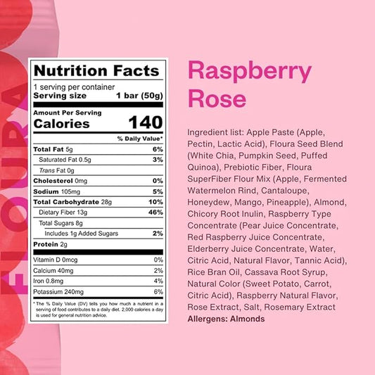 Floura Raspberry Rose Fruit-Forward Fiber Bars– High Fiber, Vegan, Gluten & Dairy Free, Low Calorie Healthy Snack Bars with Upcycled Produce for Gut Health [10 Pack]