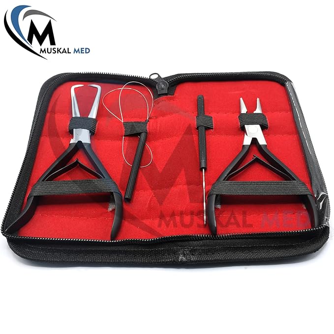 Professional Hair Extension & Beading Tool Kit Remove Plier Set for beads (4 Piece) I-Link Micro Ring Loop Needle Pulling Hook Threader Wire for Silicone Rings (Black)
