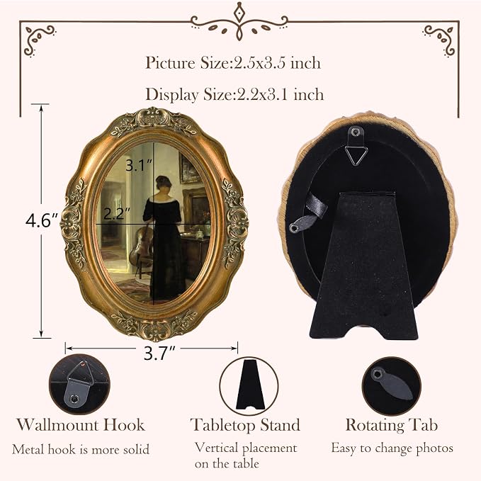 SIKOO Vintage Picture Frames 2.5x3.5 Small Antique Oval Picture Frame Tabletop - Image 5