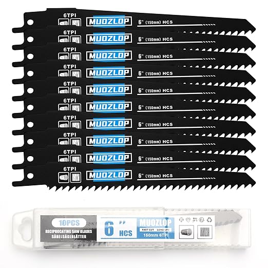 10Pack 6 inch Reciprocating Saw Blades Set,6TPI High Carbon Saw Blades, Woodcutting Saw Blades with Organizer Case (10, 6TPI/150mm)