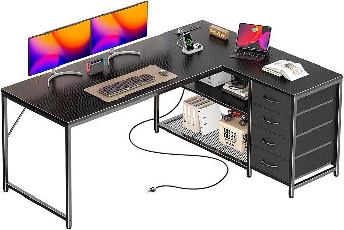 PRAISUN 53" L Shaped Desk with Power Outlets & USB-C Port, Reversible Computer by PRAISUN