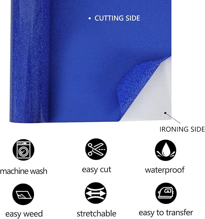 FUNKAKA Glitter Royal Blue HTV Heat Transfer Vinyl Rolls, 12" x 8ft PU Iron on Vinyl for T-Shirt Royal Blue Glitter HTV Vinyl for All Cutter Machines Easy to Cut & Weed for Heat Vinyl Design