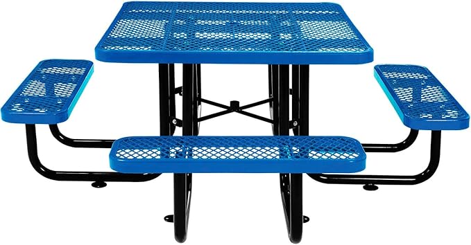 Global Industrial 46" Square Picnic Table, Expanded Metal, Blue Thermoplastic Coating, Attached Benches, 1-1/2” Umbrella Pole Hole, Outdoor-Rated, 1000 lb Capacity