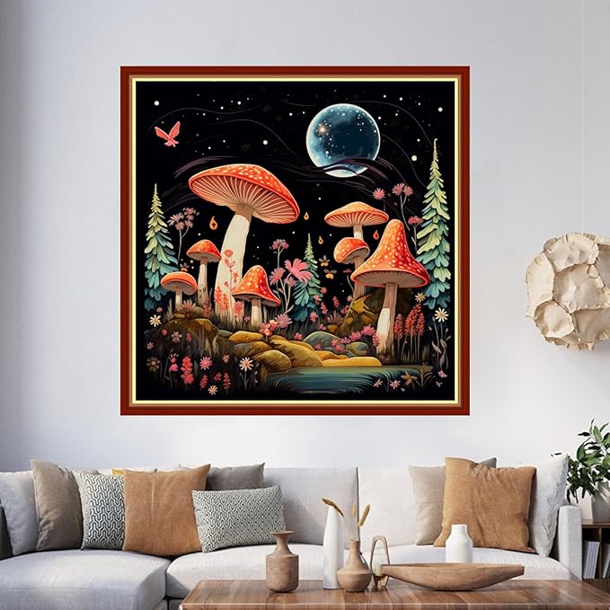 Foxhool Beginners Cross Stitch Kits Stamped Full Range of Embroidery Kits for Adults DIY Cross Stitches kit Embroidery Patterns for Needlepoint kit-Colorful Mushrooms 17.7x17.7 inch