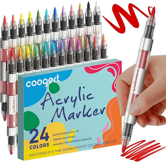 24 Automatic Ink Control Acrylic Paint Markers Dual Tip, Brush Tip Medium Tip No-Bleed Acrylic Paint Pens For Rock Painting, Wood, Fabric, Canvas, Glass, Plastic, Art Painting Supplies Kit