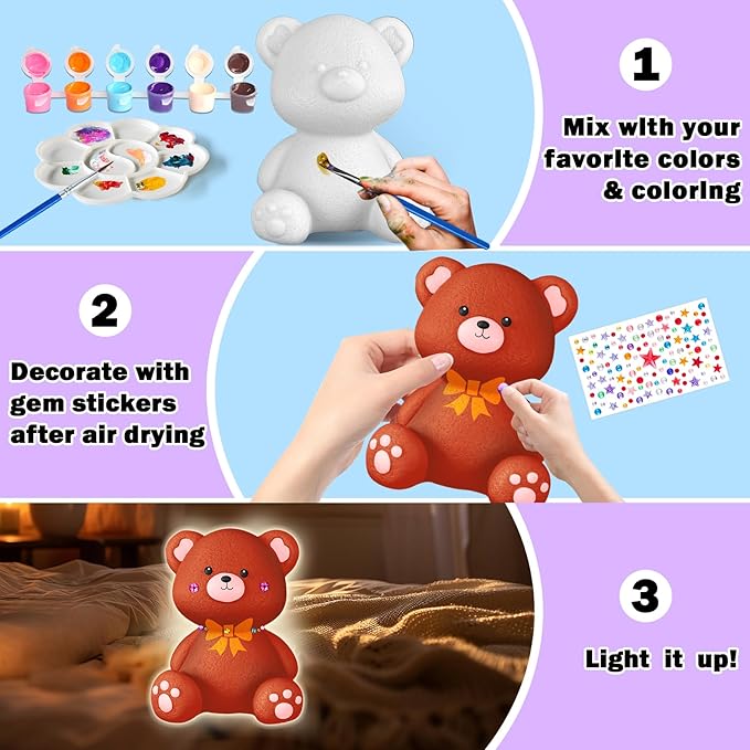 FUNZBO Paint Your Own Bear Lamp Kit - Halloweens Arts and Crafts Supplies Painting Kits for Kids Teens, DIY Night Light Toy for Toddlers Girls Boys Ages 3 4 5 6 7 8 9 10 11 12 13 + Birthday Gifts
