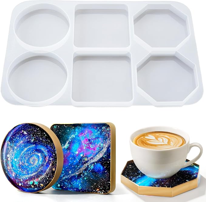 HeyClear Coaster Silicone Resin Molds, 6-Cavity Round Square Octagon Coaster by HeyClearResin