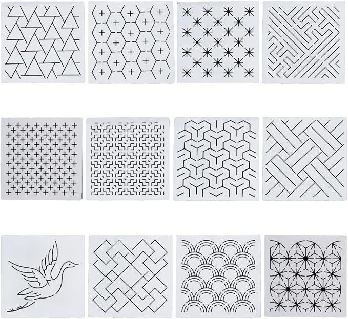 FREEBLOSS Embroidery Stencils - Geometric Sashiko Patterns - Acrylic 14x14cm