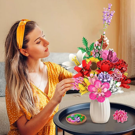 Flower Bouquet Building Set, 1464 PCS Botanical Collection Building Block Toy, 18 Flowers Rose Sunflower Home Plant Decor, Birthday Gifts for Adults Women Boys Girls 8-12+