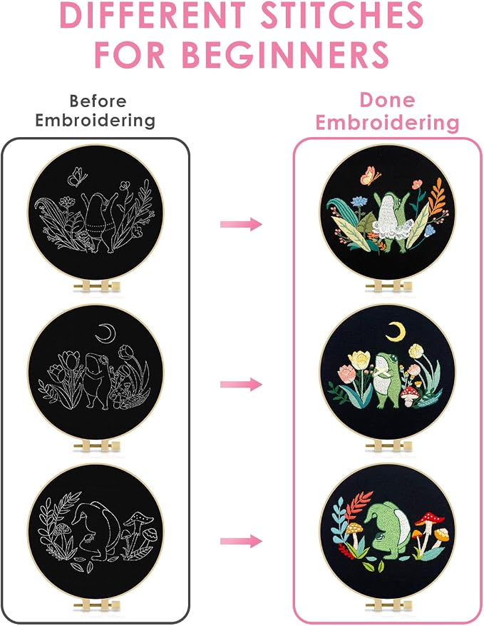 TINDTOP 3 Sets Embroidery Kit for Adults, Frog Embroidery Practice Kit | for - Image 3