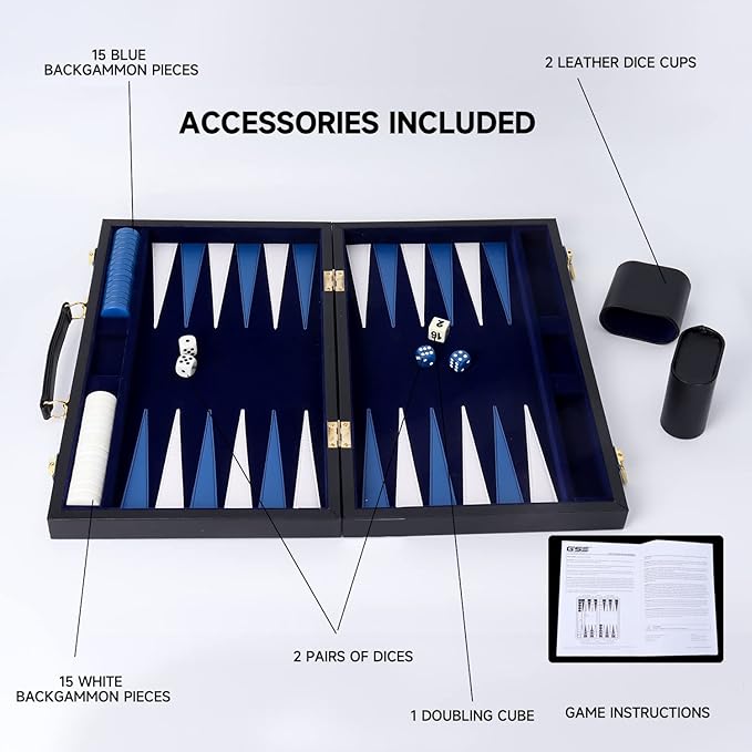 GSE Games & Sports Expert Premium Leather Backgammon Board Game Set, Classic Backgammon Game Set with Leather Case, Travel Folding Board Game (Black&Blue, Medium)