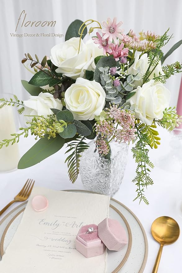 Floroom Artificial Flowers 20pcs Real Looking Ivory High-Centered Foam Fake Roses with Stem for DIY Wedding Bouquets Bridal Shower Centerpieces Floral Arrangements Party Tables Home Decorations