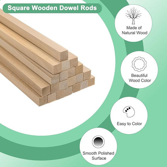 10-Pack Wood Square Dowel Rods, 25/64 x 6 Inch Unfinished Wooden Square Dowel Rod, Hardwood Square Dowel Sticks for Crafts/DIY Projects/Models Making [Wood Color]
