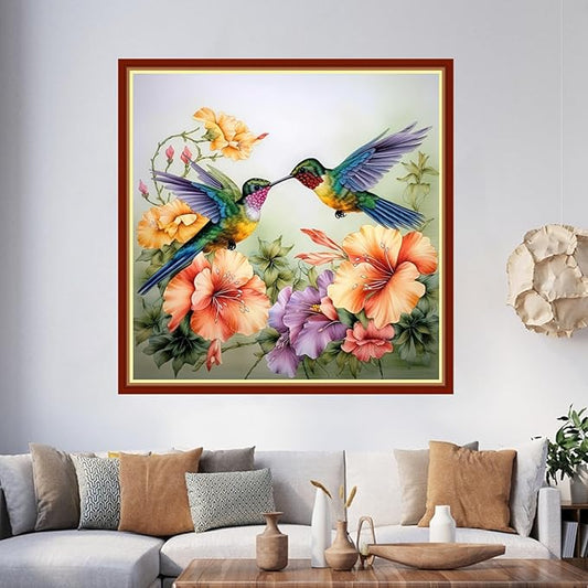 Foxhool Beginners Cross Stitch Kits Stamped Full Range of Embroidery Kits for Adults DIY Cross Stitches kit Embroidery Patterns for Needlepoint kit-Hummingbirds Gather Honey 17.7x17.7 inch